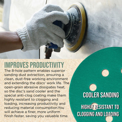 220 Grit 5" Green Film Sanding Discs, 8-Hole Pattern, Box of 50 - Dustless Hook & Loop Backing Sandpaper for DA & Random Orbital Sanders, Sand Automotive Paint Woodworking Furniture