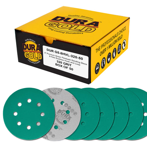 320 Grit 5" Green Film Sanding Discs, 8-Hole Pattern, Box of 50 - Dustless Hook & Loop Backing Sandpaper for DA & Random Orbital Sanders, Sand Automotive Paint Woodworking Furniture