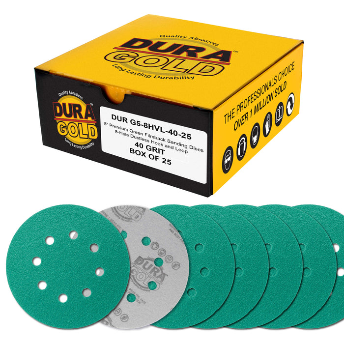 40 Grit 5" Green Film Sanding Discs, 8-Hole Pattern, Box of 25 - Dustless Hook & Loop Backing Sandpaper for DA & Random Orbital Sanders, Sand Automotive Paint Woodworking Furniture