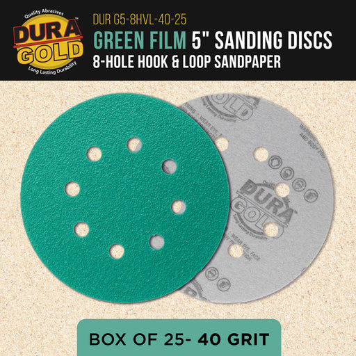 40 Grit 5" Green Film Sanding Discs, 8-Hole Pattern, Box of 25 - Dustless Hook & Loop Backing Sandpaper for DA & Random Orbital Sanders, Sand Automotive Paint Woodworking Furniture