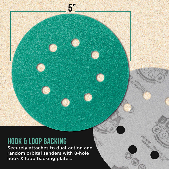 40 Grit 5" Green Film Sanding Discs, 8-Hole Pattern, Box of 25 - Dustless Hook & Loop Backing Sandpaper for DA & Random Orbital Sanders, Sand Automotive Paint Woodworking Furniture