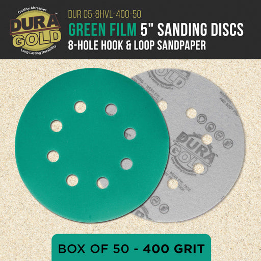 400 Grit 5" Green Film Sanding Discs, 8-Hole Pattern, Box of 50 - Dustless Hook & Loop Backing Sandpaper for DA & Random Orbital Sanders, Sand Automotive Paint Woodworking Furniture