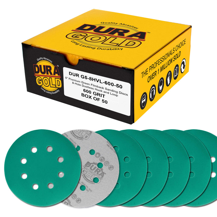 600 Grit 5" Green Film Sanding Discs, 8-Hole Pattern, Box of 50 - Dustless Hook & Loop Backing Sandpaper for DA & Random Orbital Sanders, Sand Automotive Paint Woodworking Furniture