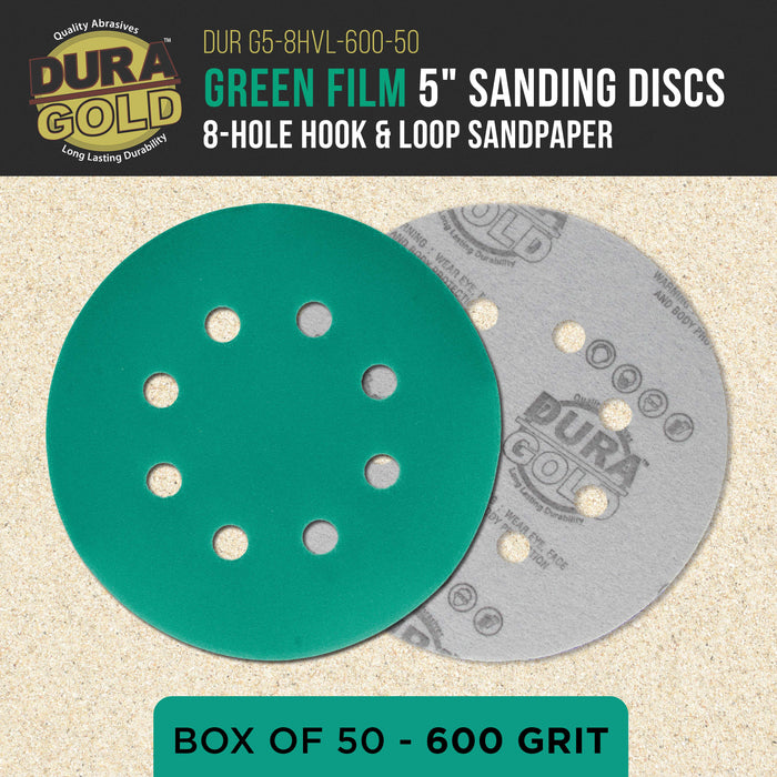 600 Grit 5" Green Film Sanding Discs, 8-Hole Pattern, Box of 50 - Dustless Hook & Loop Backing Sandpaper for DA & Random Orbital Sanders, Sand Automotive Paint Woodworking Furniture