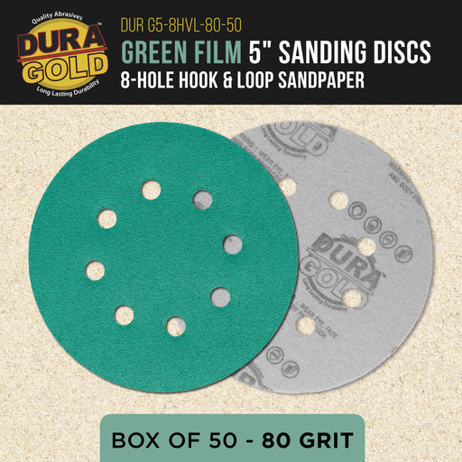 80 Grit 5" Green Film Sanding Discs, 8-Hole Pattern, Box of 50 - Dustless Hook & Loop Backing Sandpaper for DA & Random Orbital Sanders, Sand Automotive Paint Woodworking Furniture