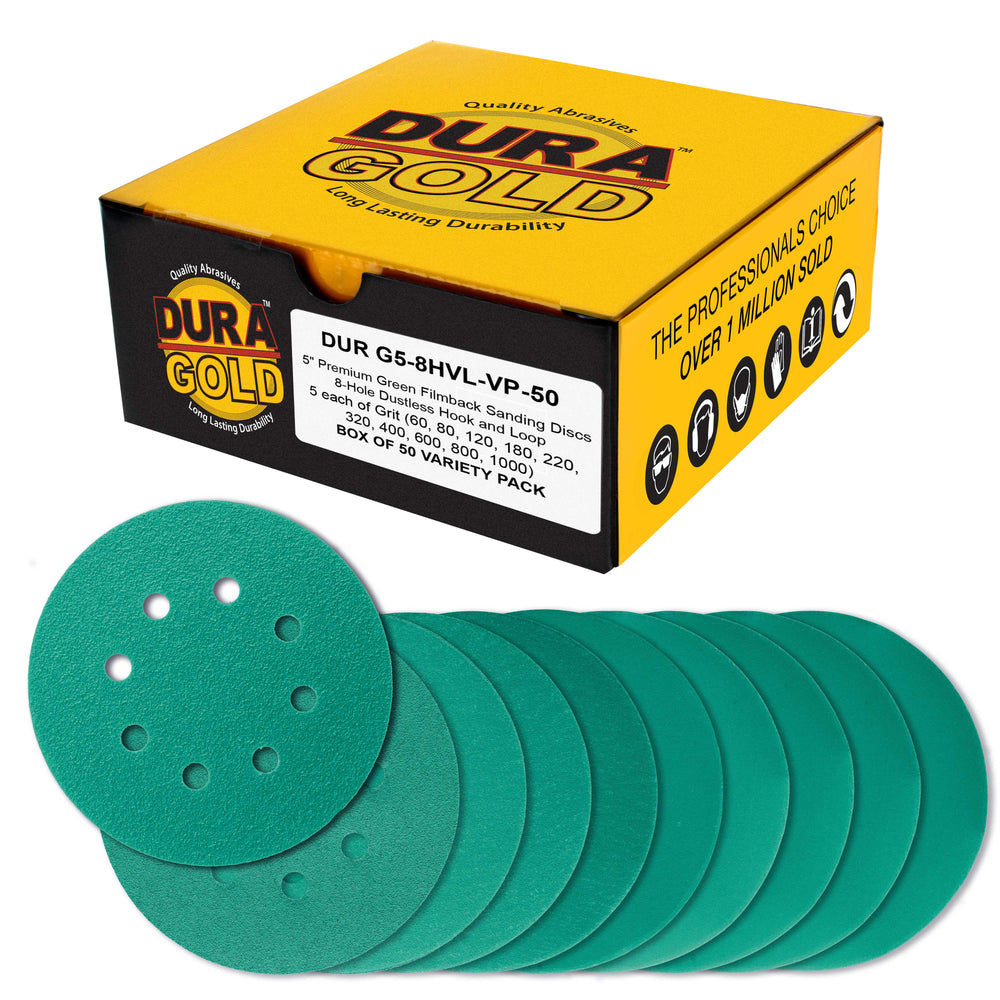 5" Green Film Sanding Discs, 8-Hole Pattern, 50 Disc Variety Pack, Grits 60, 80, 120, 180, 220, 320, 400, 600, 800, 1000 - Hook & Loop Sandpaper, DA Random Orbital Sander, Auto Paint