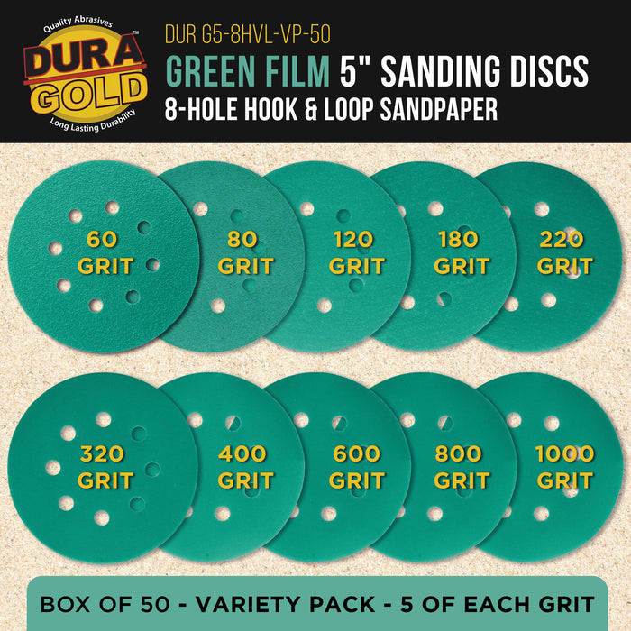 5" Green Film Sanding Discs, 8-Hole Pattern, 50 Disc Variety Pack, Grits 60, 80, 120, 180, 220, 320, 400, 600, 800, 1000 - Hook & Loop Sandpaper, DA Random Orbital Sander, Auto Paint