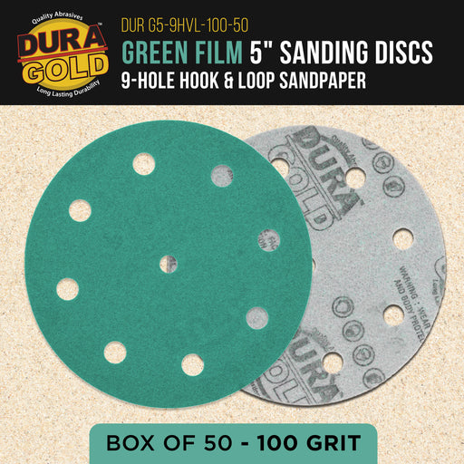 100 Grit 5" Green Film Sanding Discs, 9-Hole Pattern, Box of 50 - Heavy-Duty Dustless Hook & Loop Backing Sandpaper for DA & Random Orbital Sanders, Sand Auto Paint, Wood, Furniture