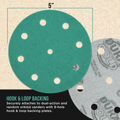 100 Grit 5" Green Film Sanding Discs, 9-Hole Pattern, Box of 50 - Heavy-Duty Dustless Hook & Loop Backing Sandpaper for DA & Random Orbital Sanders, Sand Auto Paint, Wood, Furniture