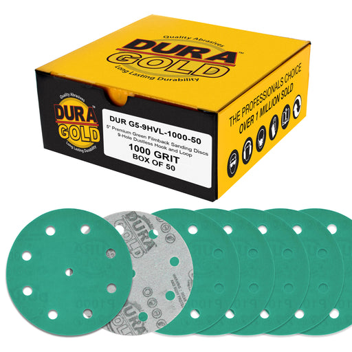 1000 Grit 5" Green Film Sanding Discs, 9-Hole Pattern, Box of 50 - Heavy-Duty Dustless Hook & Loop Backing Sandpaper for DA & Random Orbital Sander, Detail Color Sand Auto Paint Wood