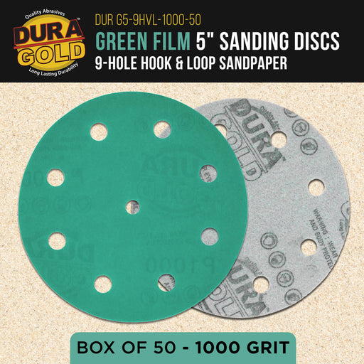 1000 Grit 5" Green Film Sanding Discs, 9-Hole Pattern, Box of 50 - Heavy-Duty Dustless Hook & Loop Backing Sandpaper for DA & Random Orbital Sander, Detail Color Sand Auto Paint Wood