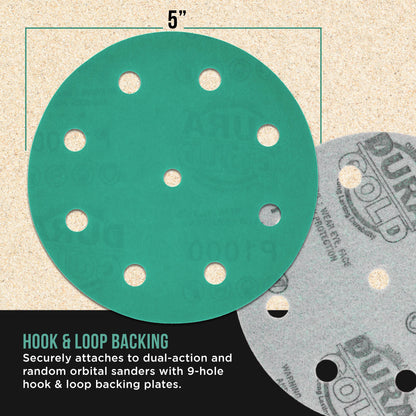 1000 Grit 5" Green Film Sanding Discs, 9-Hole Pattern, Box of 50 - Heavy-Duty Dustless Hook & Loop Backing Sandpaper for DA & Random Orbital Sander, Detail Color Sand Auto Paint Wood