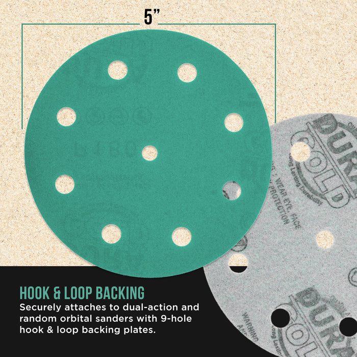 180 Grit 5" Green Film Sanding Discs, 9-Hole Pattern, Box of 50 - Heavy-Duty Dustless Hook & Loop Backing Sandpaper for DA & Random Orbital Sanders, Sand Auto Paint, Wood, Furniture