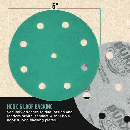 2000 Grit 5" Green Film Sanding Discs, 9-Hole Pattern, Box of 50 - Heavy-Duty Dustless Hook & Loop Backing Sandpaper for DA & Random Orbital Sander, Detail Color Sand Auto Paint Wood