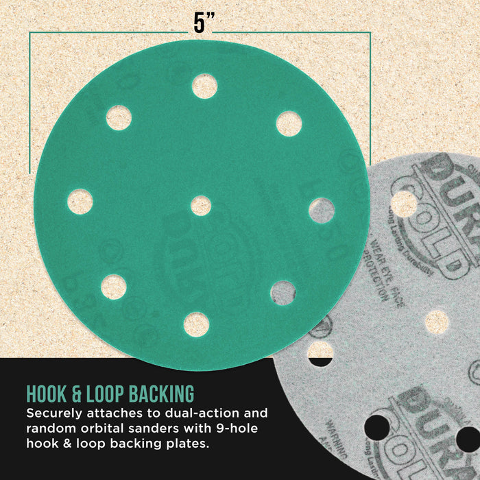 320 Grit 5" Green Film Sanding Discs, 9-Hole Pattern, Box of 50 - Heavy-Duty Dustless Hook & Loop Backing Sandpaper for DA & Random Orbital Sanders, Sand Auto Paint, Wood, Furniture