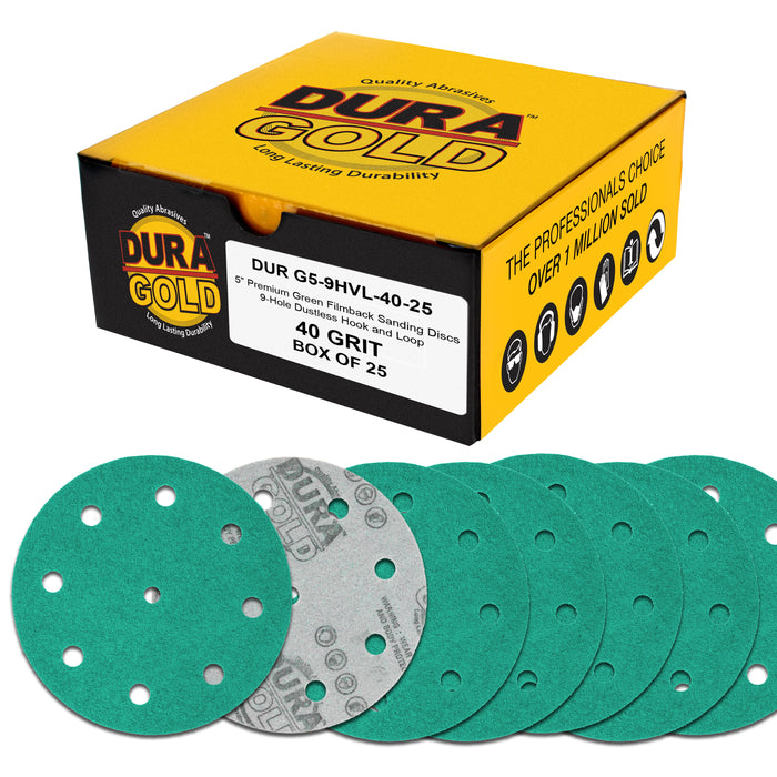 40 Grit 5" Green Film Sanding Discs, 9-Hole Pattern, Box of 25 - Heavy-Duty Dustless Hook & Loop Backing Sandpaper for DA & Random Orbital Sanders, Sand Auto Paint, Wood, Furniture