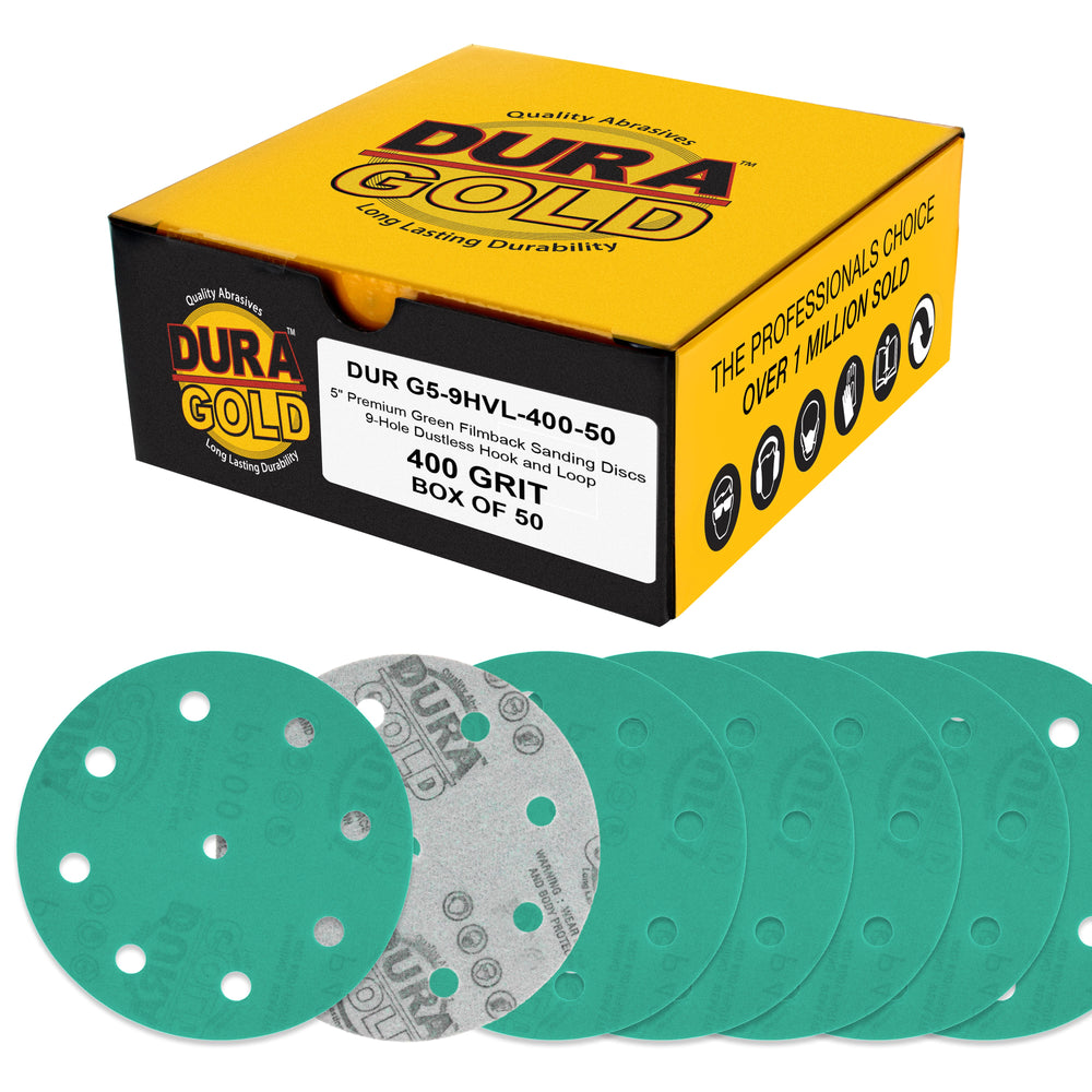 400 Grit 5" Green Film Sanding Discs, 9-Hole Pattern, Box of 50 - Heavy-Duty Dustless Hook & Loop Backing Sandpaper for DA & Random Orbital Sanders, Sand Auto Paint, Wood, Furniture