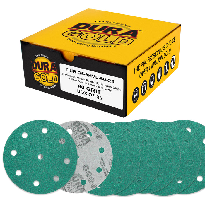 60 Grit 5" Green Film Sanding Discs, 9-Hole Pattern, Box of 25 - Heavy-Duty Dustless Hook & Loop Backing Sandpaper for DA & Random Orbital Sanders, Sand Auto Paint, Wood, Furniture