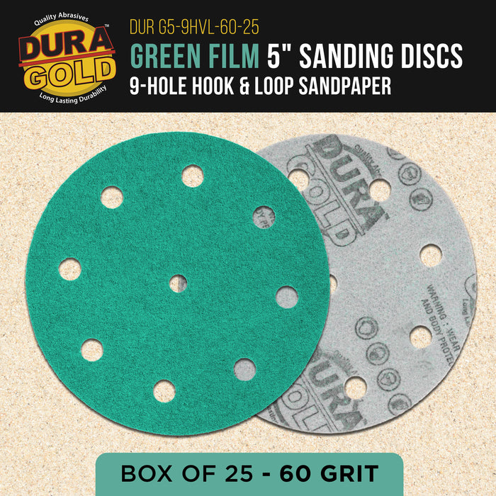 60 Grit 5" Green Film Sanding Discs, 9-Hole Pattern, Box of 25 - Heavy-Duty Dustless Hook & Loop Backing Sandpaper for DA & Random Orbital Sanders, Sand Auto Paint, Wood, Furniture