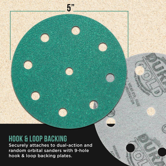 60 Grit 5" Green Film Sanding Discs, 9-Hole Pattern, Box of 25 - Heavy-Duty Dustless Hook & Loop Backing Sandpaper for DA & Random Orbital Sanders, Sand Auto Paint, Wood, Furniture