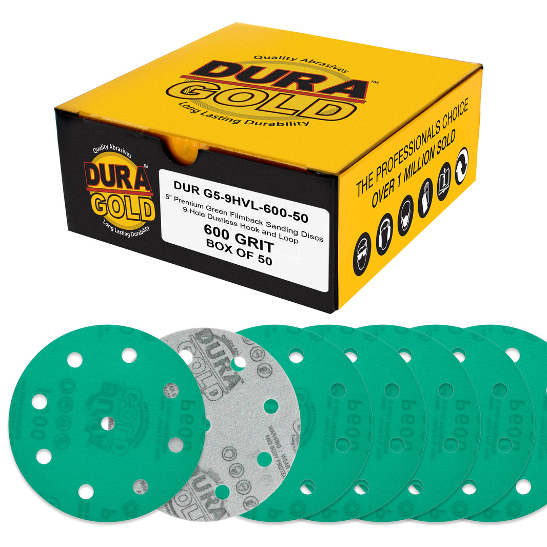 600 Grit 5" Green Film Sanding Discs, 9-Hole Pattern, Box of 50 - Heavy-Duty Dustless Hook & Loop Backing Sandpaper for DA & Random Orbital Sanders, Sand Auto Paint, Wood, Furniture