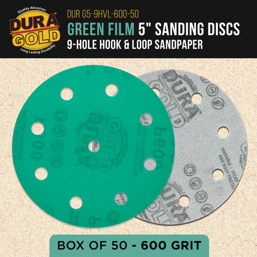 600 Grit 5" Green Film Sanding Discs, 9-Hole Pattern, Box of 50 - Heavy-Duty Dustless Hook & Loop Backing Sandpaper for DA & Random Orbital Sanders, Sand Auto Paint, Wood, Furniture