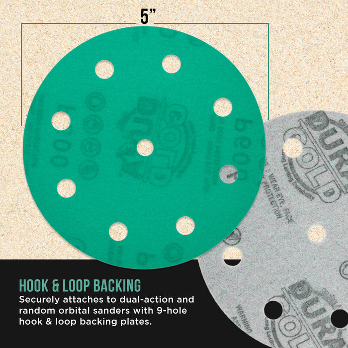 600 Grit 5" Green Film Sanding Discs, 9-Hole Pattern, Box of 50 - Heavy-Duty Dustless Hook & Loop Backing Sandpaper for DA & Random Orbital Sanders, Sand Auto Paint, Wood, Furniture