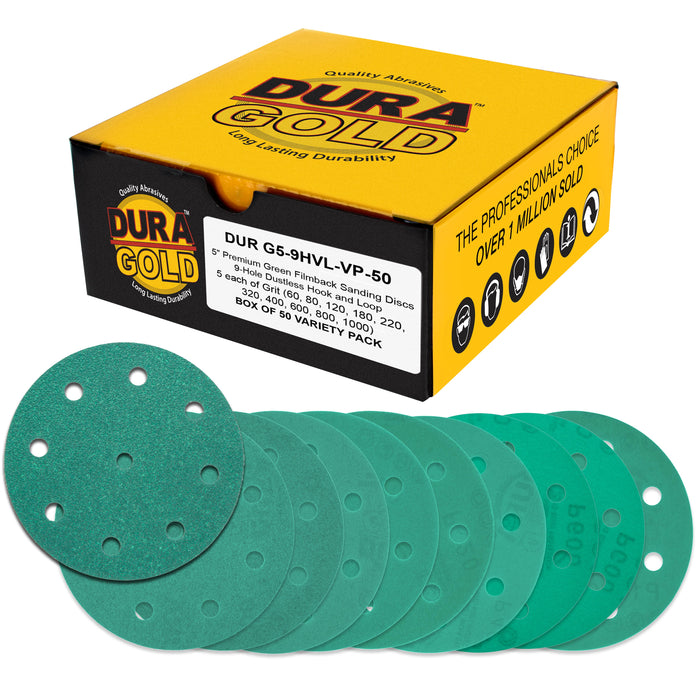 5" Green Film Sanding Discs, 9-Hole Pattern, 50 Disc Variety Pack, Grits 60, 80, 120, 180, 220, 320, 400, 600, 800, 1000 - Heavy-Duty Hook & Loop Sandpaper, DA, Random Orbital Sander