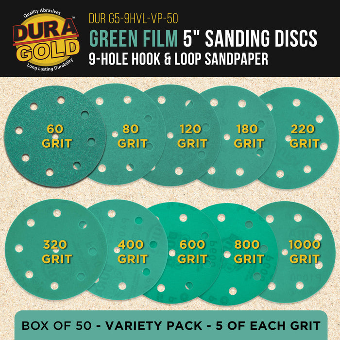 5" Green Film Sanding Discs, 9-Hole Pattern, 50 Disc Variety Pack, Grits 60, 80, 120, 180, 220, 320, 400, 600, 800, 1000 - Heavy-Duty Hook & Loop Sandpaper, DA, Random Orbital Sander