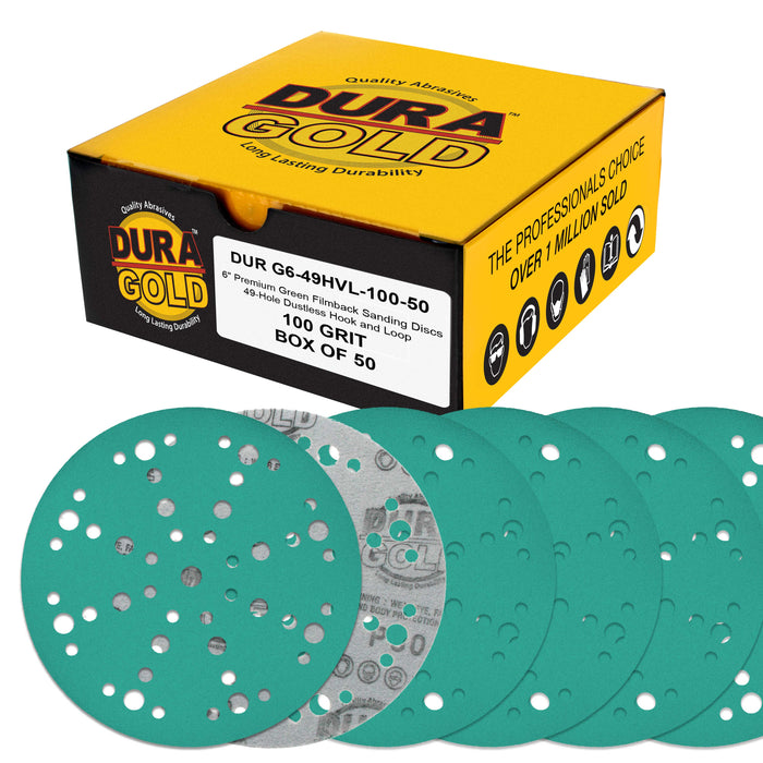 100 Grit 6" Green Film Sanding Discs, 49-Hole Pattern, Box of 50 - Heavy-Duty Dustless Hook & Loop Backing Sandpaper for DA & Random Orbital Sanders, Sand Auto Paint, Wood Furniture