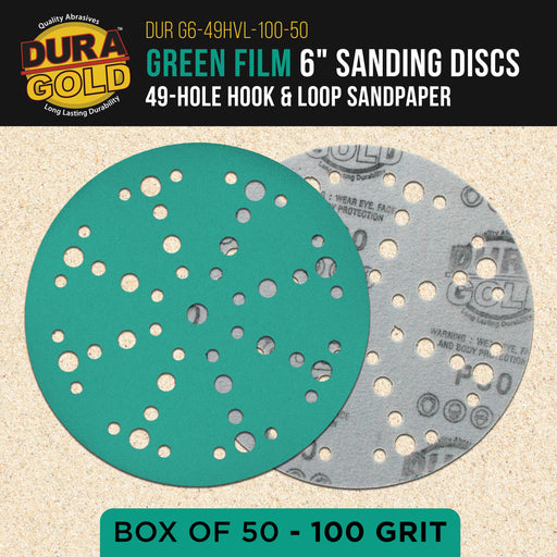 100 Grit 6" Green Film Sanding Discs, 49-Hole Pattern, Box of 50 - Heavy-Duty Dustless Hook & Loop Backing Sandpaper for DA & Random Orbital Sanders, Sand Auto Paint, Wood Furniture