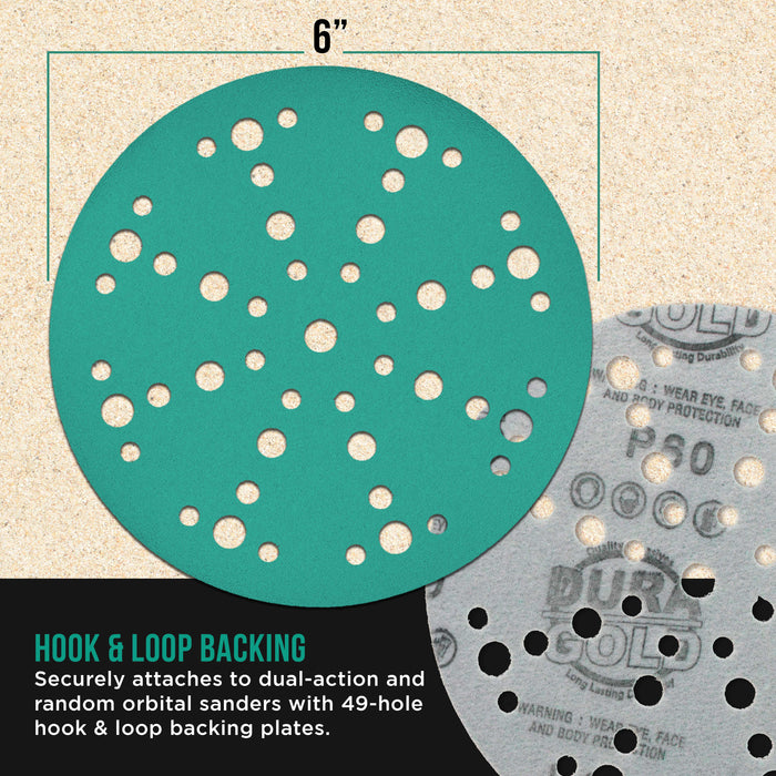 100 Grit 6" Green Film Sanding Discs, 49-Hole Pattern, Box of 50 - Heavy-Duty Dustless Hook & Loop Backing Sandpaper for DA & Random Orbital Sanders, Sand Auto Paint, Wood Furniture