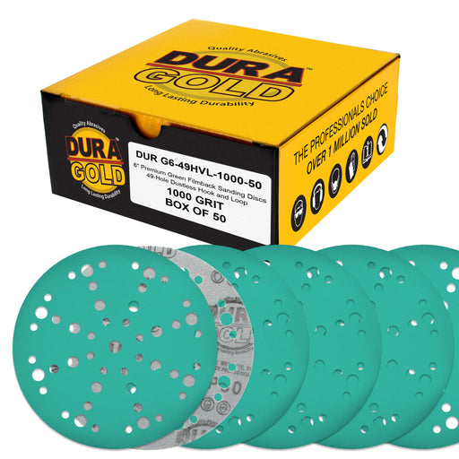 1000 Grit 6" Green Film Sanding Discs, 49-Hole Pattern, Box of 50 - Heavy-Duty Dustless Hook & Loop Backing Sandpaper for DA, Random Orbital Sander, Detail Color Sand Auto Paint Wood