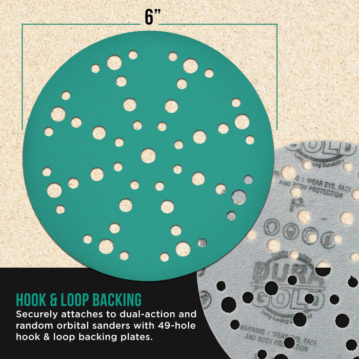 1000 Grit 6" Green Film Sanding Discs, 49-Hole Pattern, Box of 50 - Heavy-Duty Dustless Hook & Loop Backing Sandpaper for DA, Random Orbital Sander, Detail Color Sand Auto Paint Wood