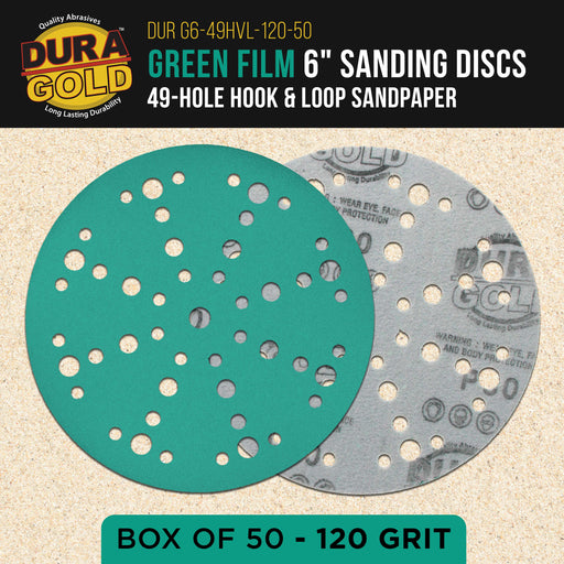 120 Grit 6" Green Film Sanding Discs, 49-Hole Pattern, Box of 50 - Heavy-Duty Dustless Hook & Loop Backing Sandpaper for DA & Random Orbital Sanders, Sand Auto Paint, Wood Furniture