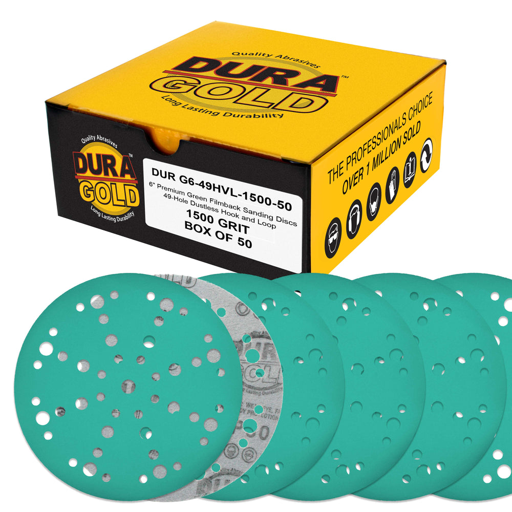 1500 Grit 6" Green Film Sanding Discs, 49-Hole Pattern, Box of 50 - Heavy-Duty Dustless Hook & Loop Backing Sandpaper for DA, Random Orbital Sander, Detail Color Sand Auto Paint Wood