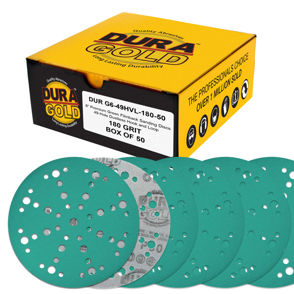 180 Grit 6" Green Film Sanding Discs, 49-Hole Pattern, Box of 50 - Heavy-Duty Dustless Hook & Loop Backing Sandpaper for DA & Random Orbital Sanders, Sand Auto Paint, Wood Furniture