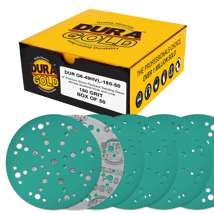 180 Grit 6" Green Film Sanding Discs, 49-Hole Pattern, Box of 50 - Heavy-Duty Dustless Hook & Loop Backing Sandpaper for DA & Random Orbital Sanders, Sand Auto Paint, Wood Furniture