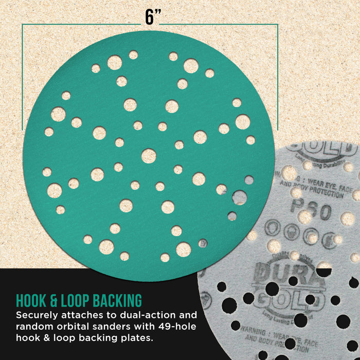 180 Grit 6" Green Film Sanding Discs, 49-Hole Pattern, Box of 50 - Heavy-Duty Dustless Hook & Loop Backing Sandpaper for DA & Random Orbital Sanders, Sand Auto Paint, Wood Furniture