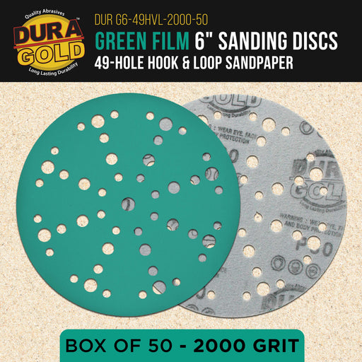 2000 Grit 6" Green Film Sanding Discs, 49-Hole Pattern, Box of 50 - Heavy-Duty Dustless Hook & Loop Backing Sandpaper for DA, Random Orbital Sander, Detail Color Sand Auto Paint Wood