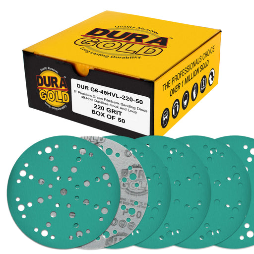 220 Grit 6" Green Film Sanding Discs, 49-Hole Pattern, Box of 50 - Heavy-Duty Dustless Hook & Loop Backing Sandpaper for DA & Random Orbital Sanders, Sand Auto Paint, Wood Furniture