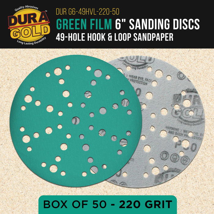 220 Grit 6" Green Film Sanding Discs, 49-Hole Pattern, Box of 50 - Heavy-Duty Dustless Hook & Loop Backing Sandpaper for DA & Random Orbital Sanders, Sand Auto Paint, Wood Furniture