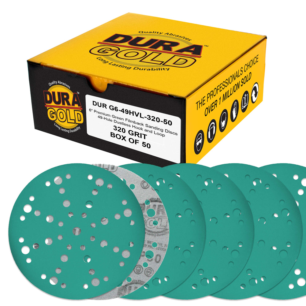 320 Grit 6" Green Film Sanding Discs, 49-Hole Pattern, Box of 50 - Heavy-Duty Dustless Hook & Loop Backing Sandpaper for DA & Random Orbital Sanders, Sand Auto Paint, Wood Furniture