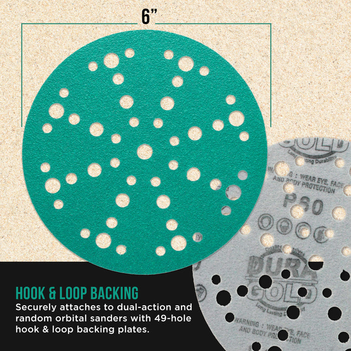 40 Grit 6" Green Film Sanding Discs, 49-Hole Pattern, Box of 25 - Heavy-Duty Dustless Hook & Loop Backing Sandpaper for DA & Random Orbital Sanders, Sand Auto Paint, Wood Furniture