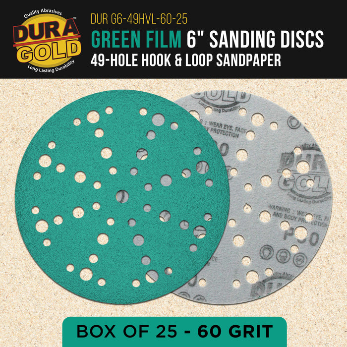 60 Grit 6" Green Film Sanding Discs, 49-Hole Pattern, Box of 25 - Heavy-Duty Dustless Hook & Loop Backing Sandpaper for DA & Random Orbital Sanders, Sand Auto Paint, Wood Furniture