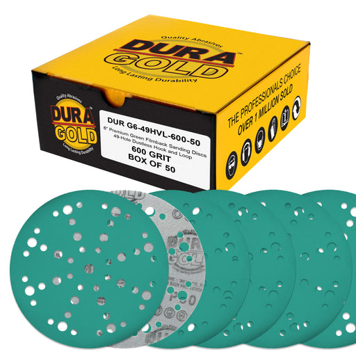 600 Grit 6" Green Film Sanding Discs, 49-Hole Pattern, Box of 50 - Heavy-Duty Dustless Hook & Loop Backing Sandpaper for DA & Random Orbital Sanders, Sand Auto Paint, Wood Furniture