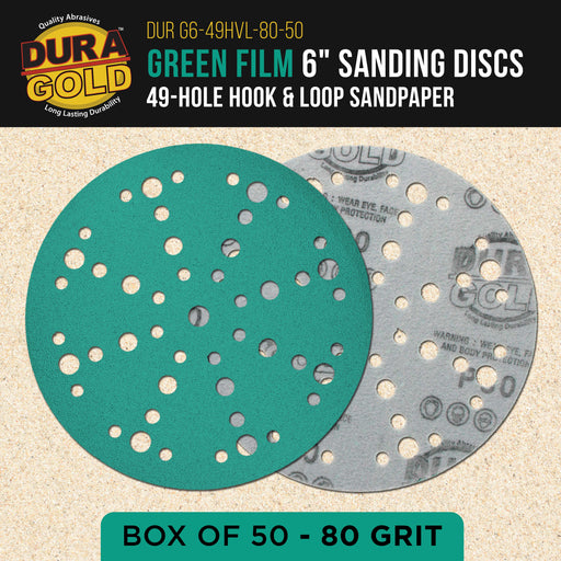 80 Grit 6" Green Film Sanding Discs, 49-Hole Pattern, Box of 50 - Heavy-Duty Dustless Hook & Loop Backing Sandpaper for DA & Random Orbital Sanders, Sand Auto Paint, Wood Furniture