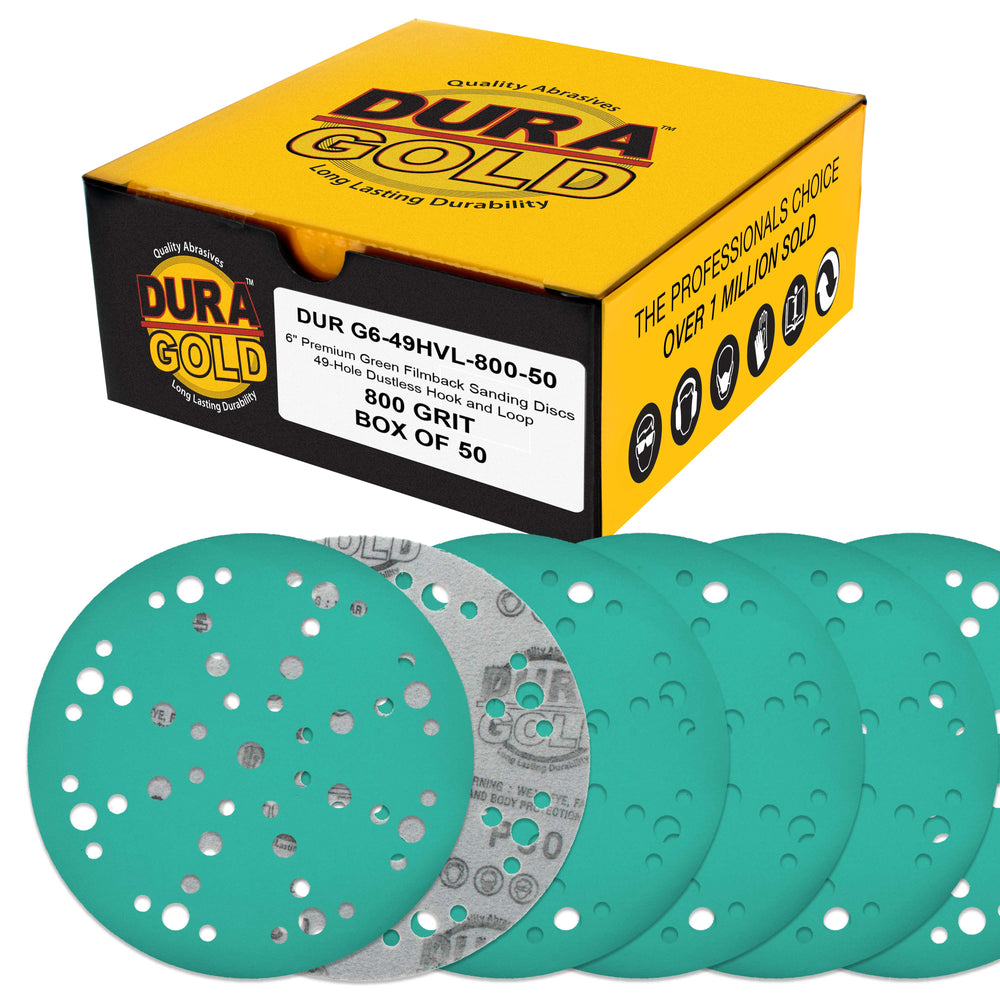 800 Grit 6" Green Film Sanding Discs, 49-Hole Pattern, Box of 50 - Heavy-Duty Dustless Hook & Loop Backing Sandpaper for DA & Random Orbital Sanders, Sand Auto Paint, Wood Furniture