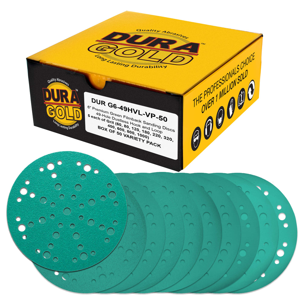 6" Green Film Sanding Discs, 49-Hole Pattern, 50 Disc Variety Pack, Grits 60, 80, 120, 180, 220, 320, 400, 600, 800, 1000 - Heavy-Duty Hook & Loop Sandpaper, DA Random Orbital Sander