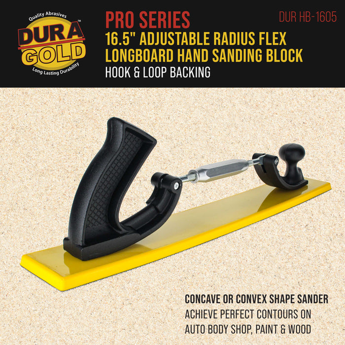 Dura-Gold Pro Series 16.5" Adjustable Radius Flex Longboard Hand Sanding Block - Hook & Loop Backing Sandpaper, Concave or Convex Shape Contour Sander